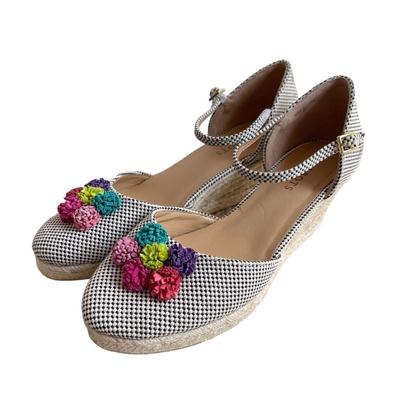 Talbots Women’s Wedge Espadrille Sandals Size 9 Pom Pom Flower Houndstooth - Picture 1 of 7